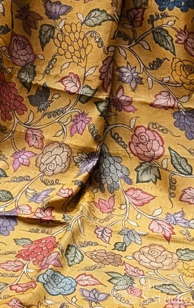 Mustard hand painted kalamkari tussar silk saree with ghicha border
