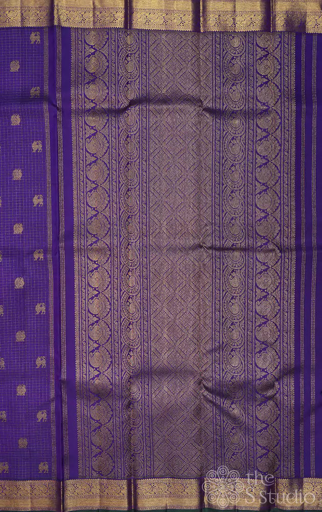 Violet zari checked kanchipuram silk saree with yazhi motifs