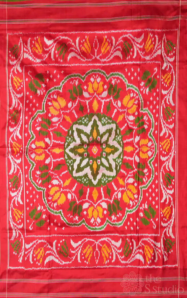 Red ikkat silk saree in forest theme with green selvedge