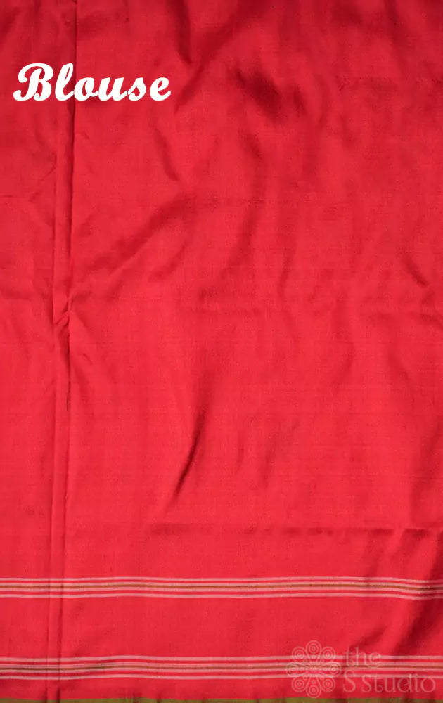 Red ikkat silk saree in forest theme with green selvedge