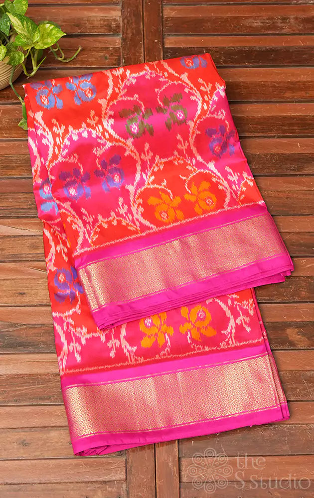 Rani pink ikkat silk saree with zari border