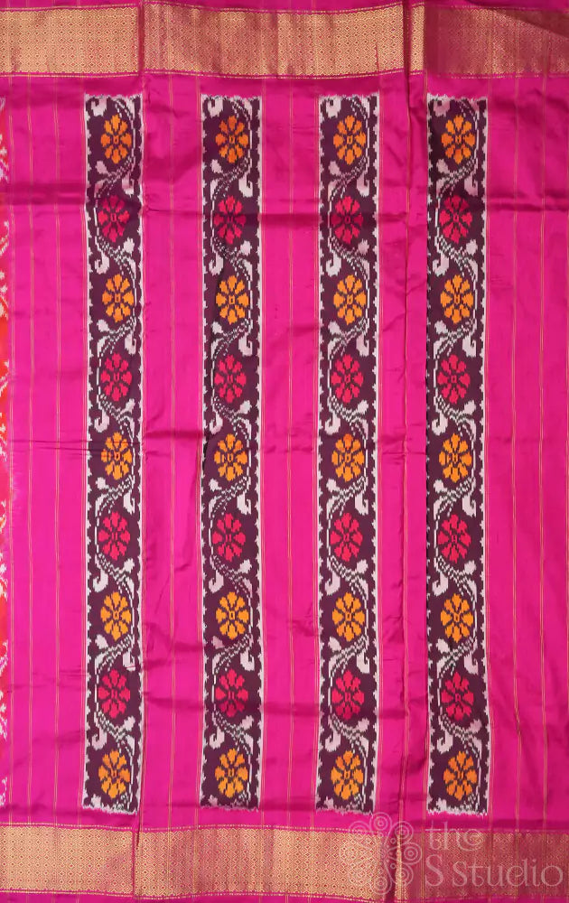 Rani pink ikkat silk saree with zari border