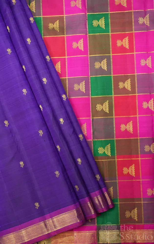 Violet small border kanjivaram silk saree with paalum pazhamum checks pallu