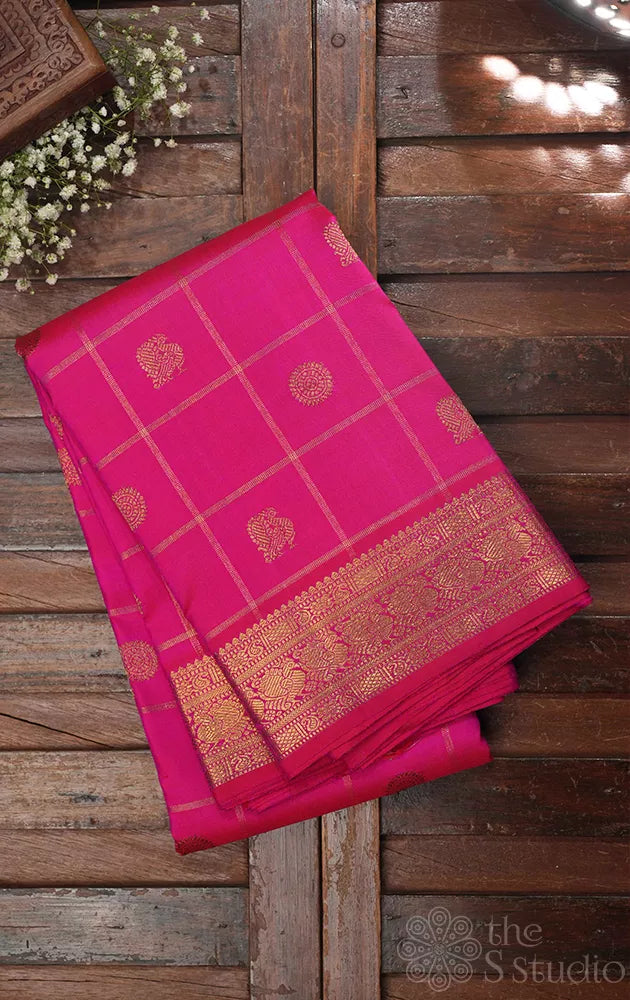 Rani pink zari checked kanjivaram silk saree