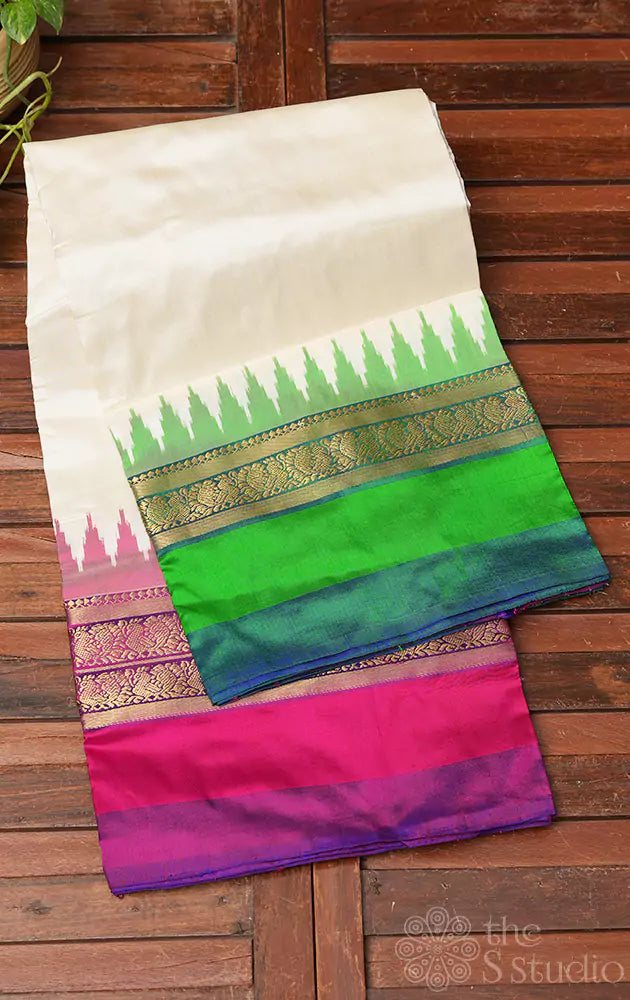Off white ikat silk saree with ganga jamuna border