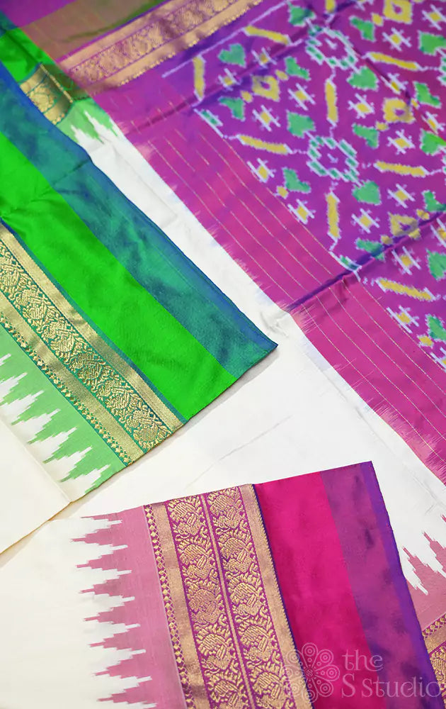 Off white ikat silk saree with ganga jamuna border