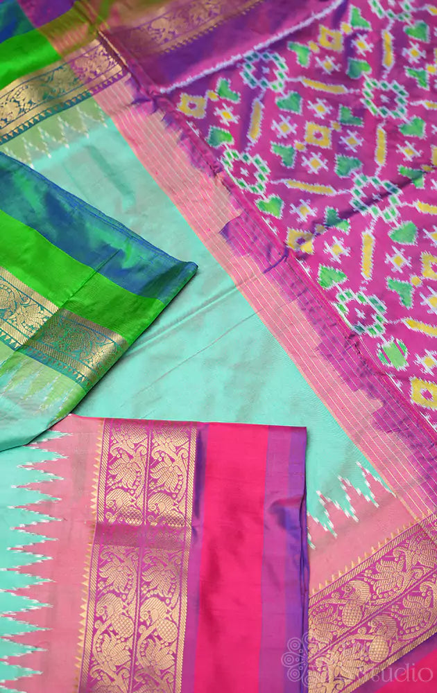 Sea green ikat silk saree with contrast pallu