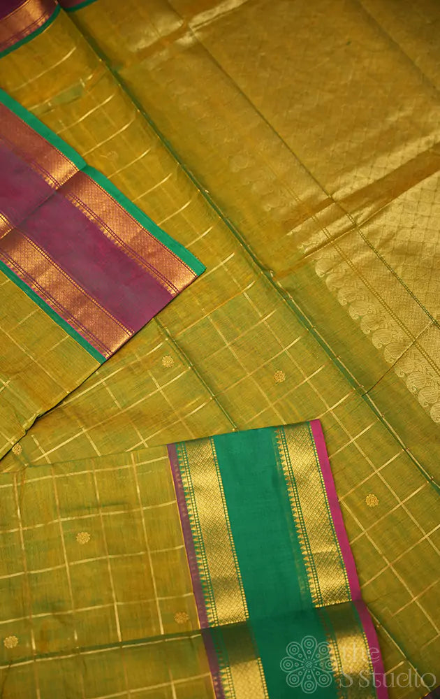 Light green checked handwoven kanchi cotton saree