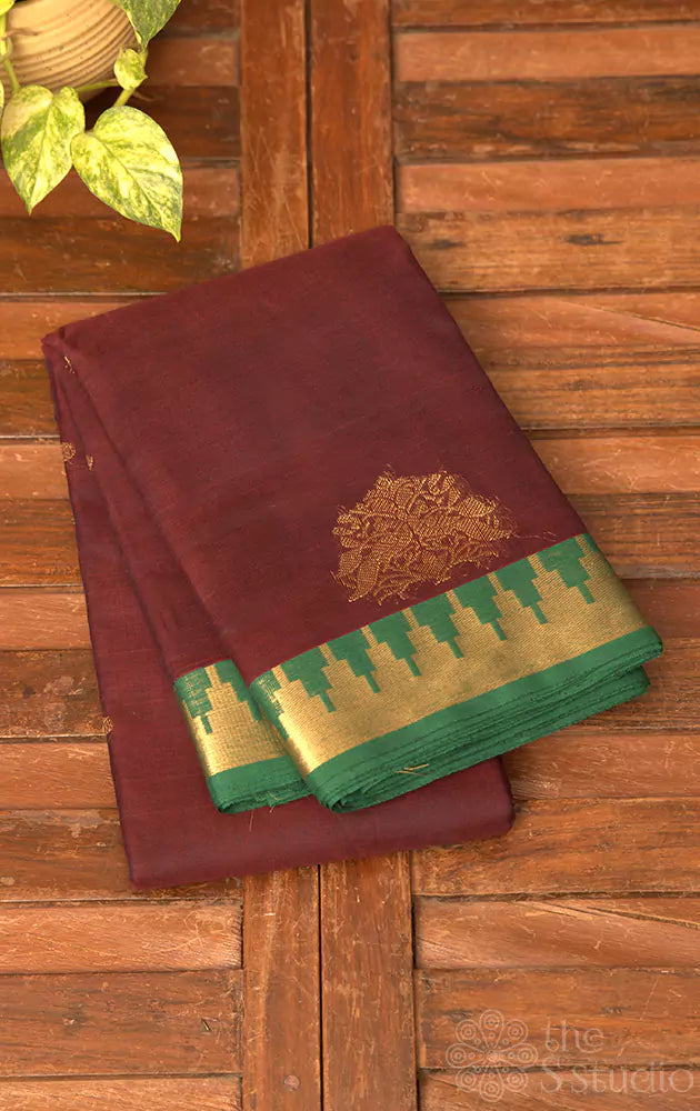 Brown handloom kanchi cotton saree with green small border
