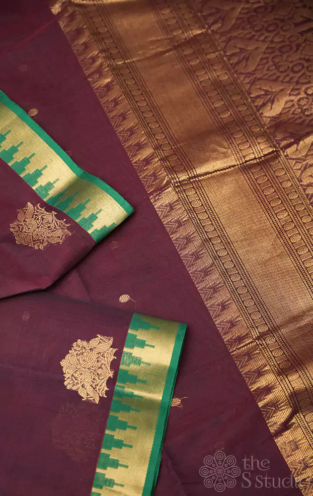 Brown handloom kanchi cotton saree with green small border