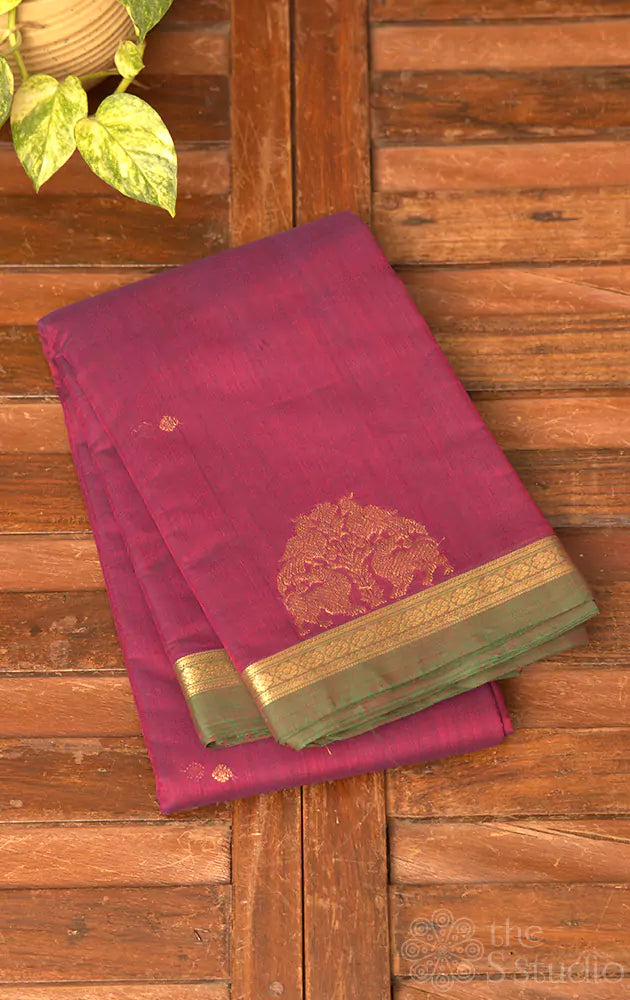Purple handwoven kanchi cotton saree with small zari border