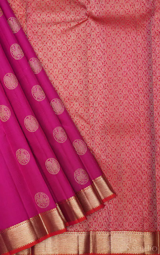 Rani pink kanjivaram silk saree with benaras style border