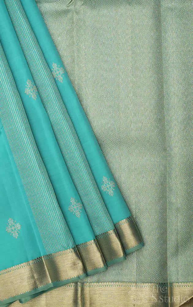 Aqua blue kanjivaram saree with small border