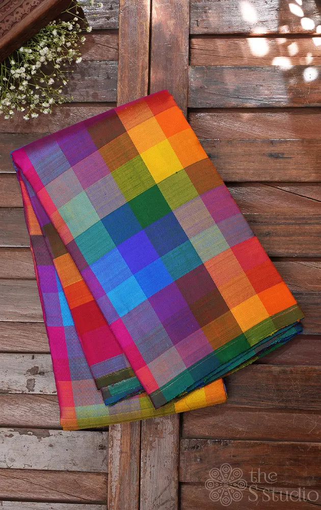 Multi colour checked kanchi silk saree with simple pallu