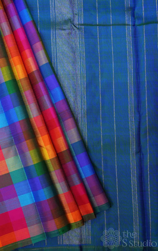 Multi colour checked kanchi silk saree with simple pallu