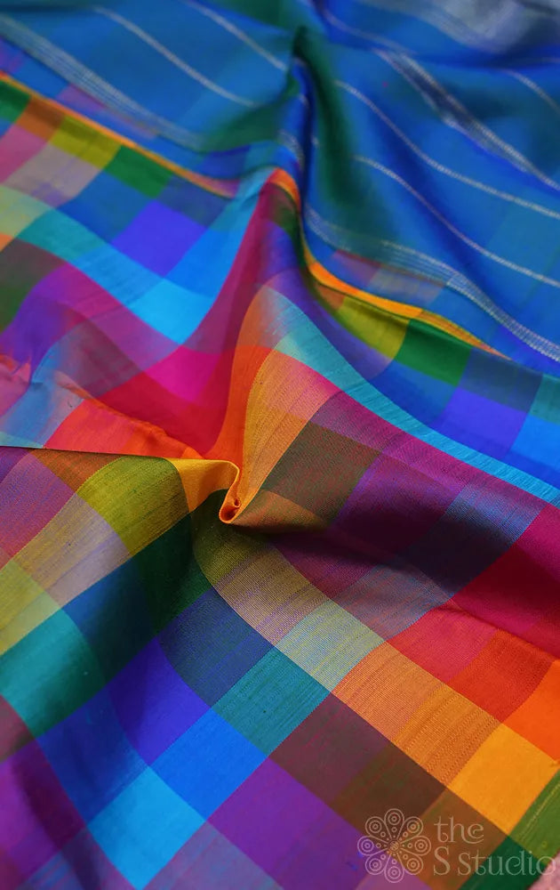 Multi colour checked kanchi silk saree with simple pallu