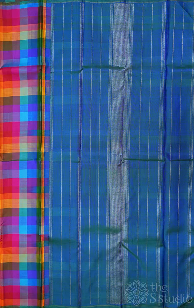 Multi colour checked kanchi silk saree with simple pallu