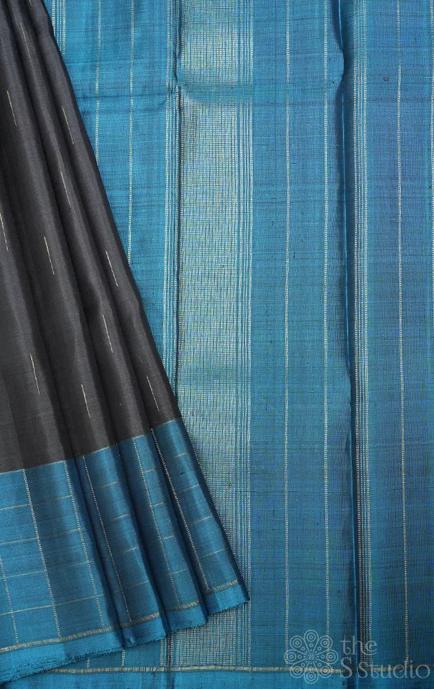 Steel grey kanchipuram silk saree with blue border