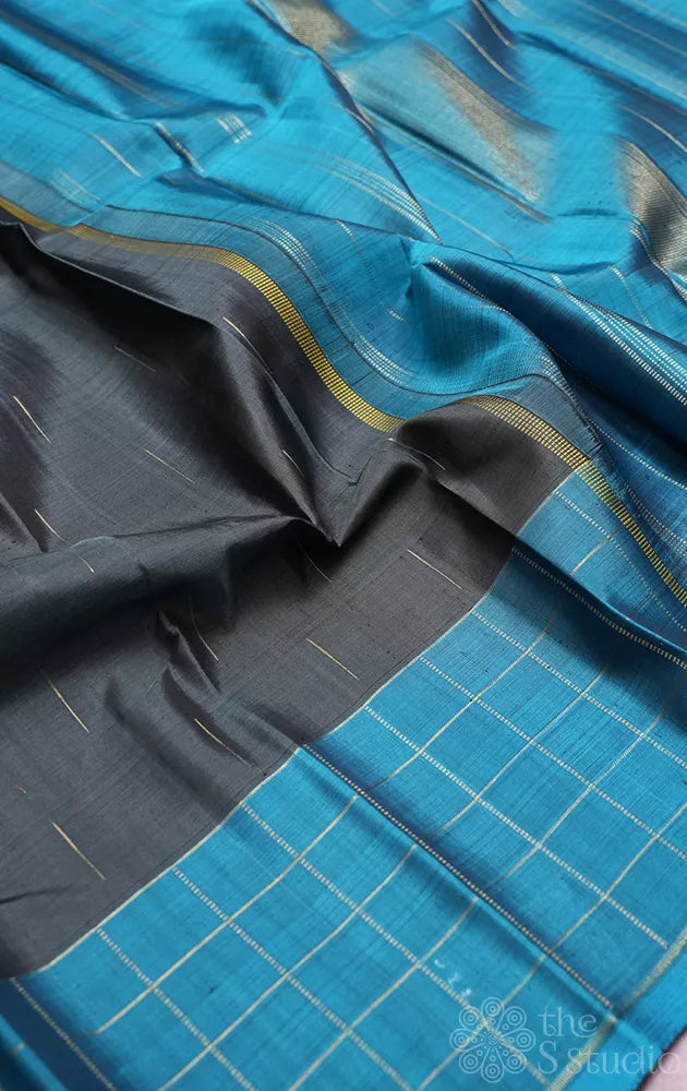 Steel grey kanchipuram silk saree with blue border