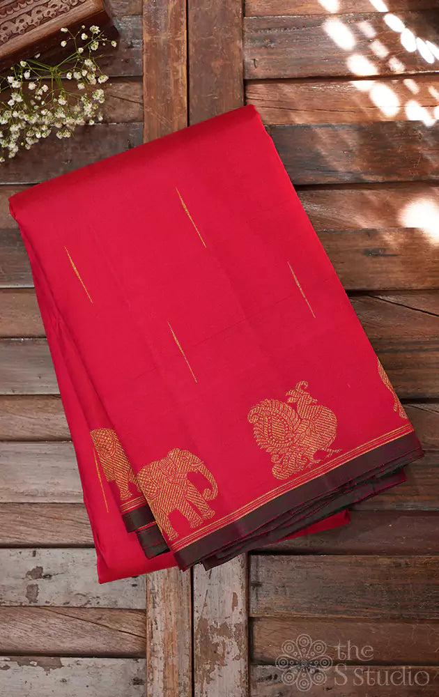 Red kanjivarm silk saree with elephant motifs