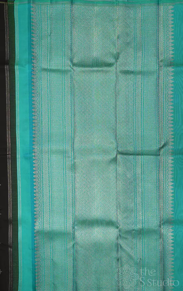 Black kanchipuram silk saree wiith bluish green pallu (Pre-order available)