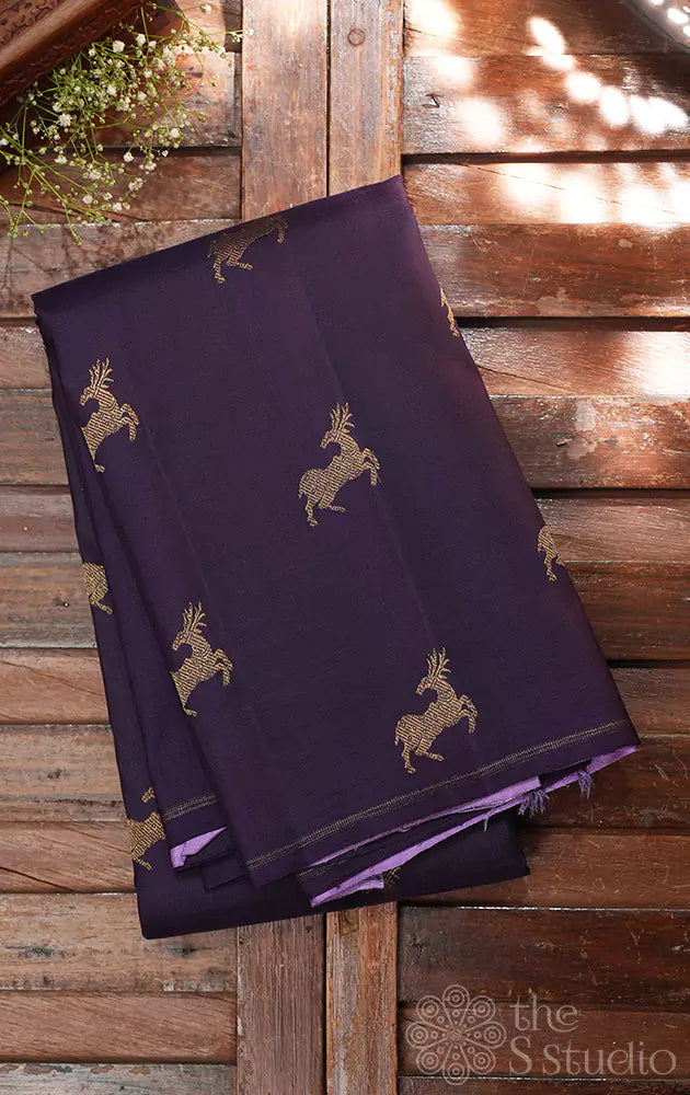 Violet kanchi silk saree with deer buttas