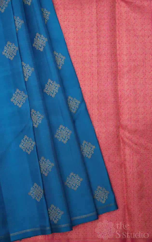 Anandha blue kanjivaram silk saree with kolam buttas