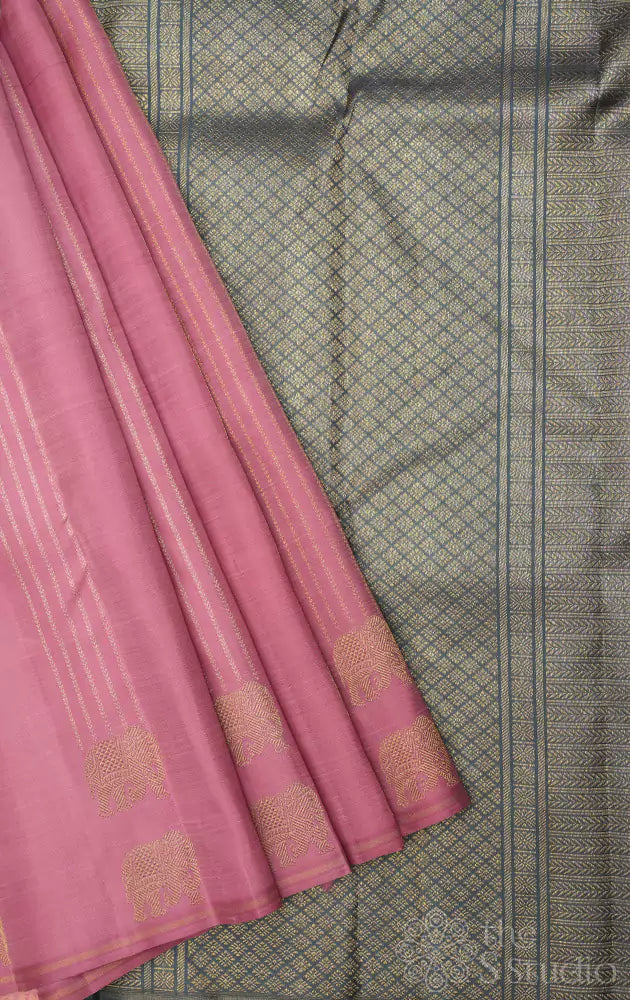 Onion pink kanchipuram silk saree with elephant motifs border