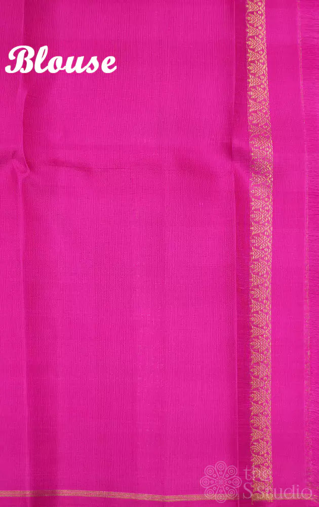 Biscuit brown checked kanjivaram saree with ranipink border