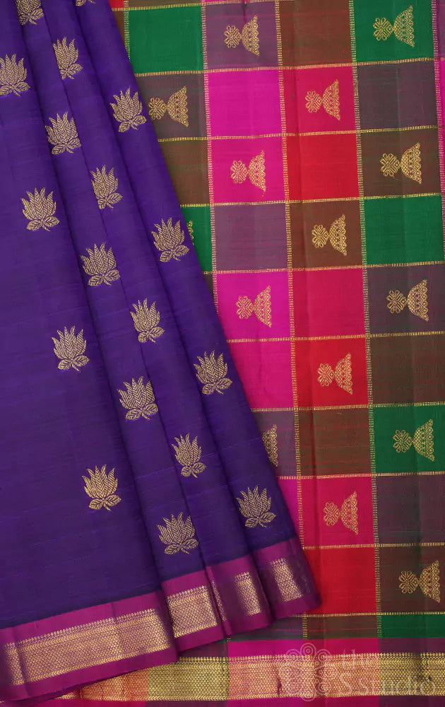 Violet kanchi silk saree with paalum pazhamum checks pallu and blouse