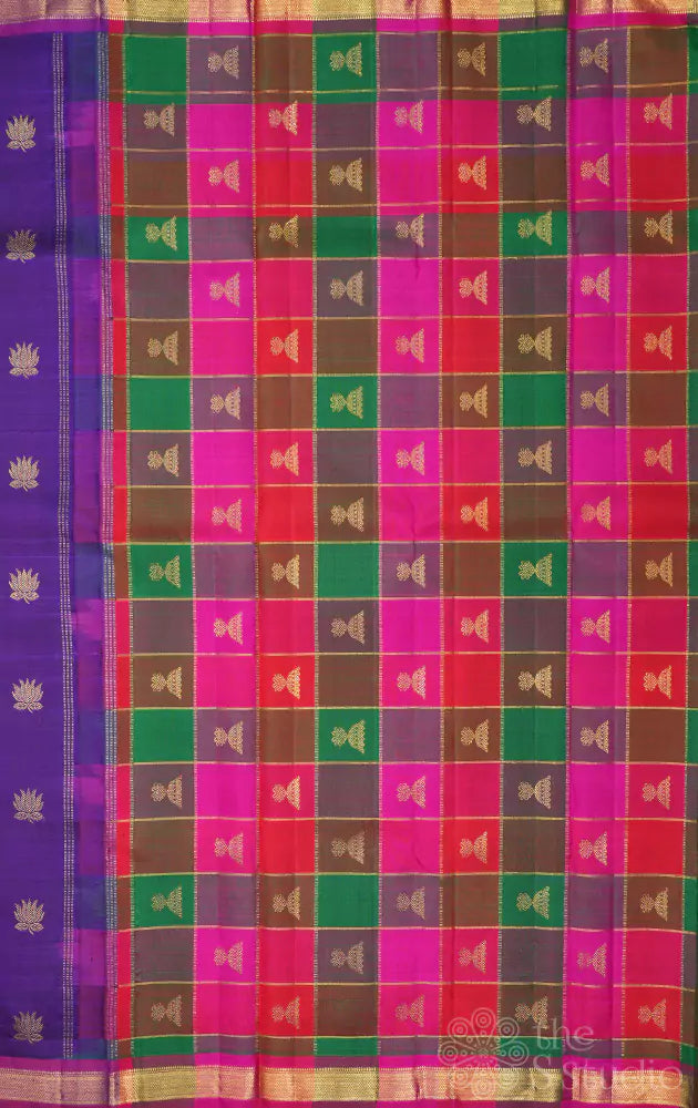 Violet kanchi silk saree with paalum pazhamum checks pallu and blouse