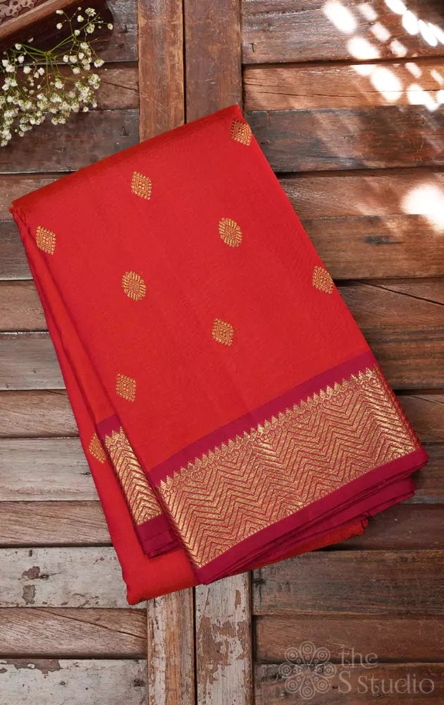 Rust kanchi pattu saree with small maroon border
