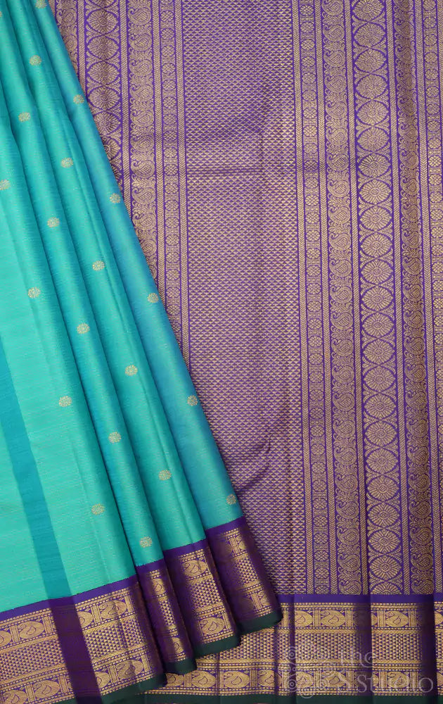 Sea green vairaoosi kanchipuram silk saree with korvai violet border