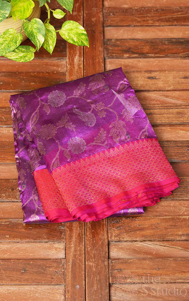 Purple chanderi silk saree with reddish pink border