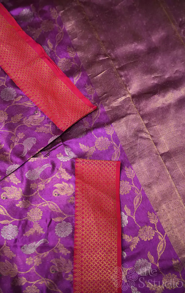 Purple chanderi silk saree with reddish pink border