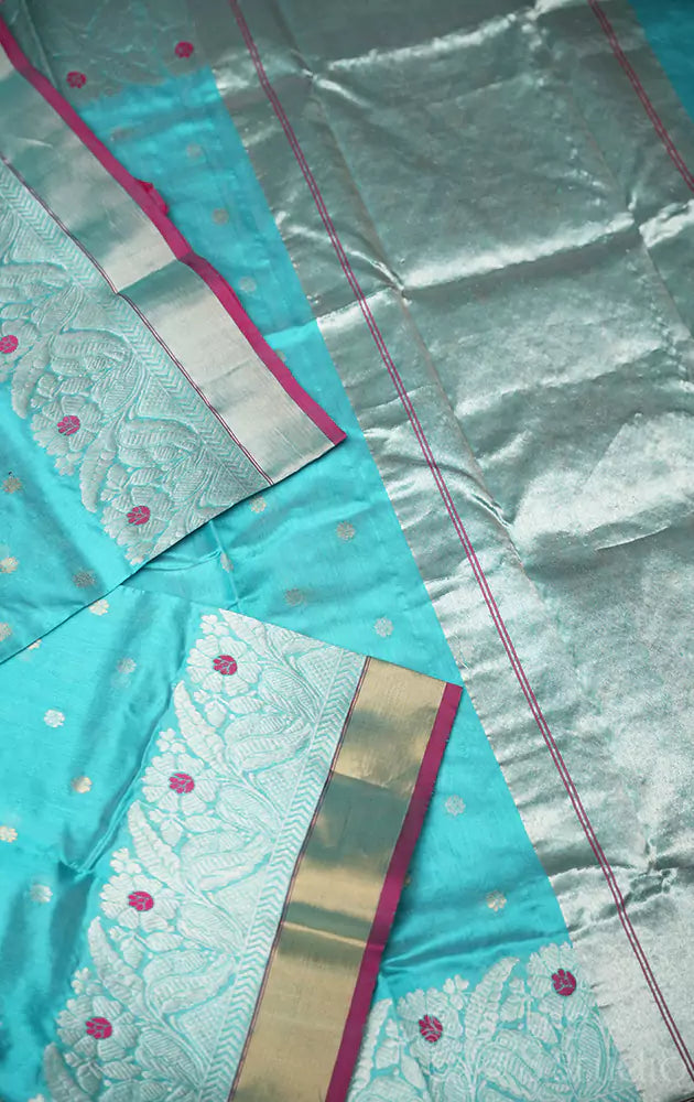 Aqua blue chanderi silk saree with gold & silver zari border