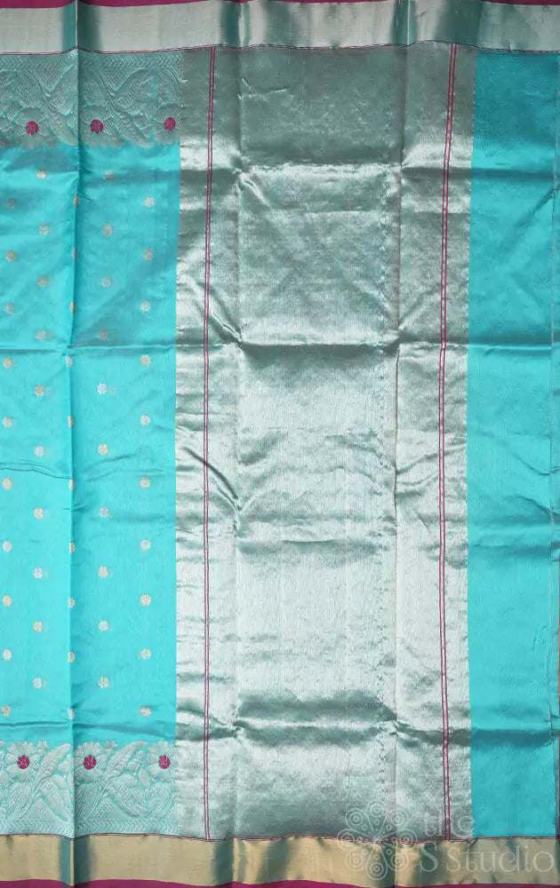 Aqua blue chanderi silk saree with gold & silver zari border
