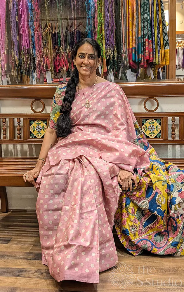 Light pink polka dot tussar silk saree with kalamkari pallu