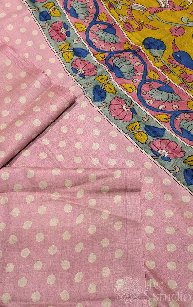 Light pink polka dot tussar silk saree with kalamkari pallu