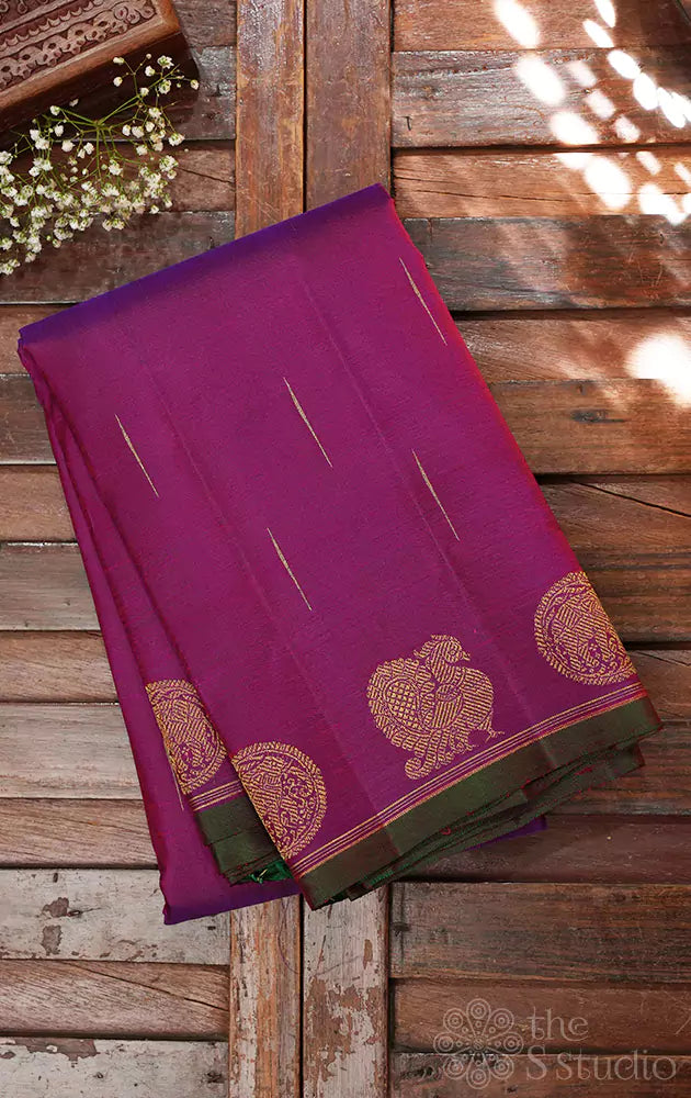 Purple kanchi silk saree with green pallu