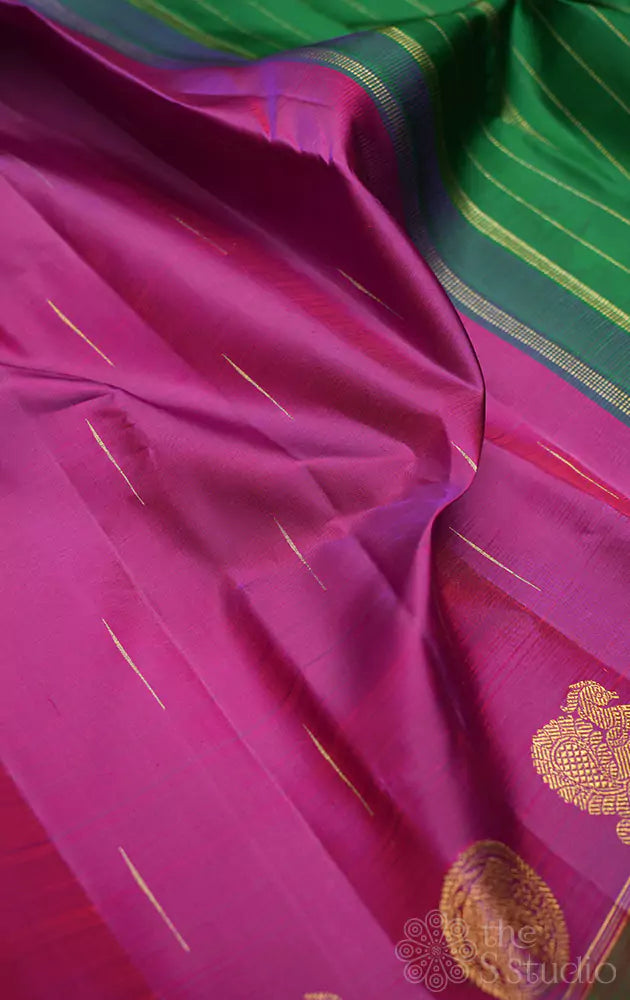 Purple kanchi silk saree with green pallu