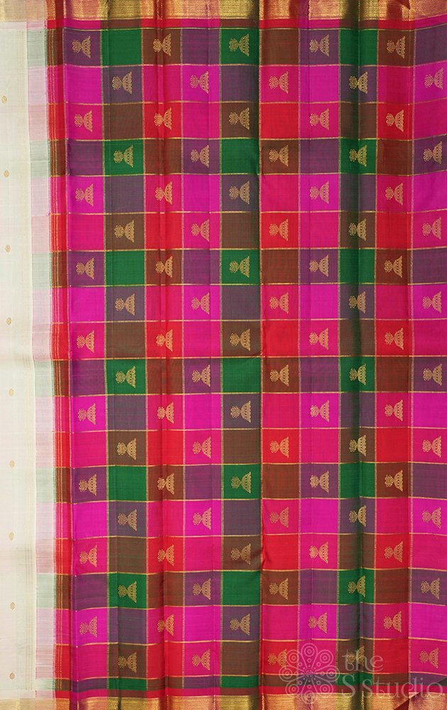 Off white kanchi silk saree with paalum pazhamum checks pallu and blouse