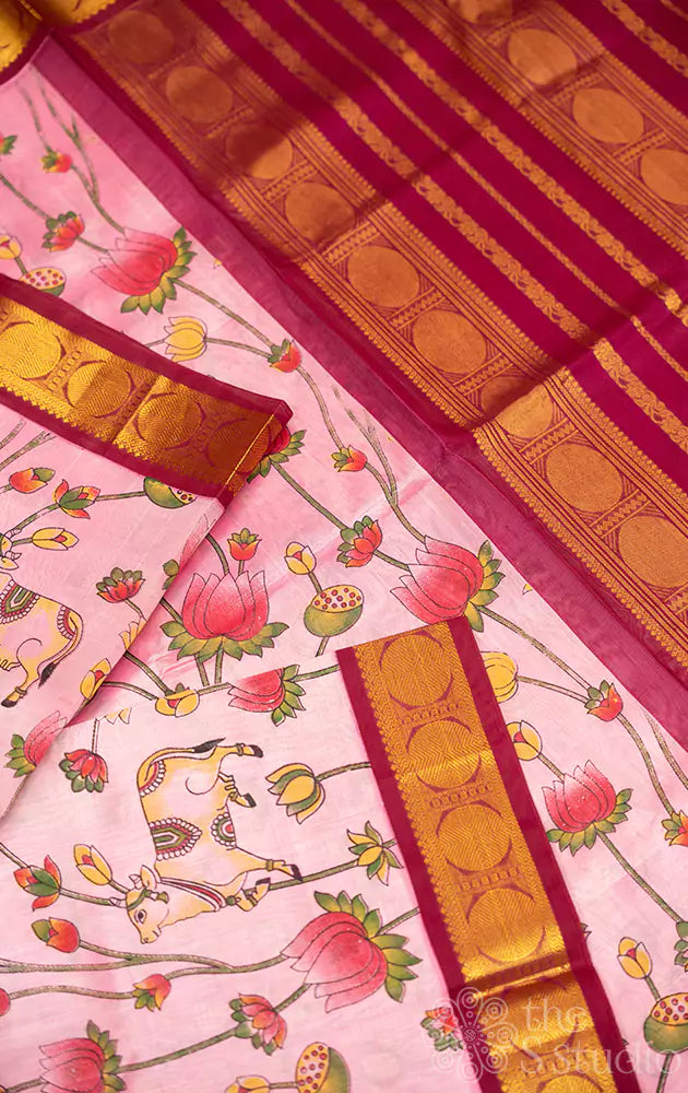 Light pink pichwai printed silk cotton saree with korvai border