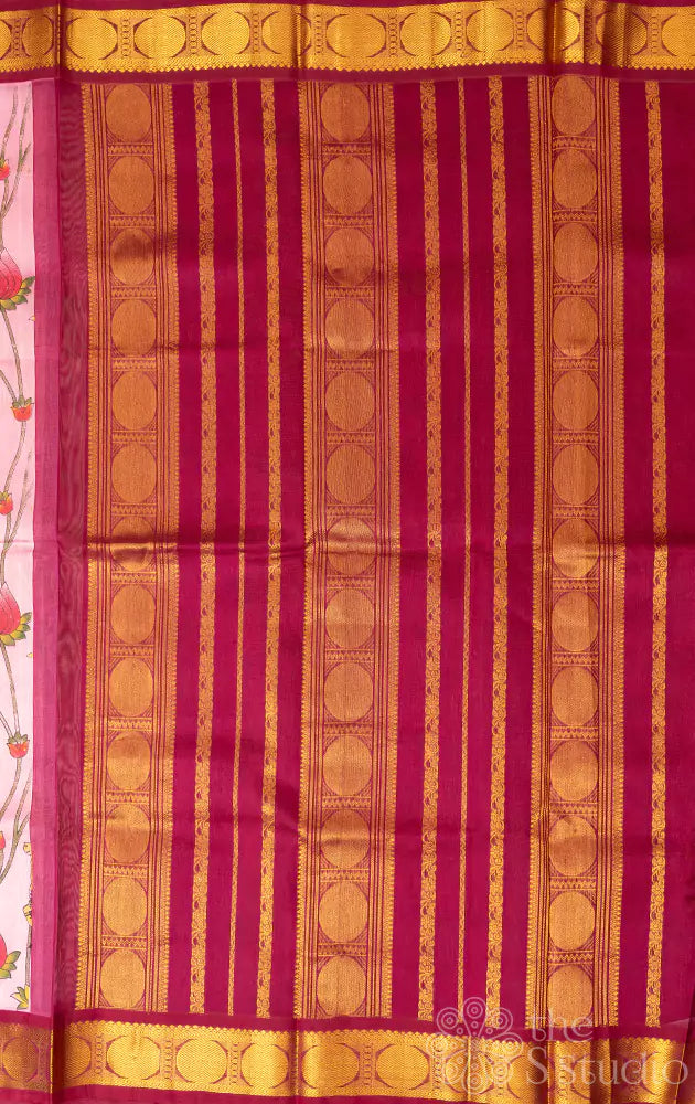 Light pink pichwai printed silk cotton saree with korvai border