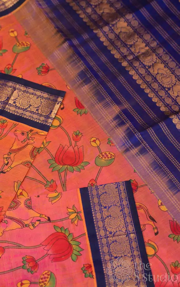 Dark peach silk cotton saree with pichwai prints