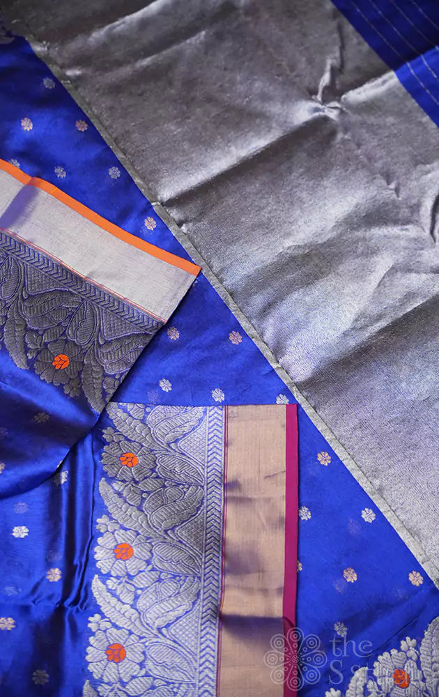 Royal blue chanderi silk saree with floral motifs