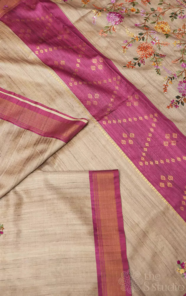 Beige semi tussar saree with pink border