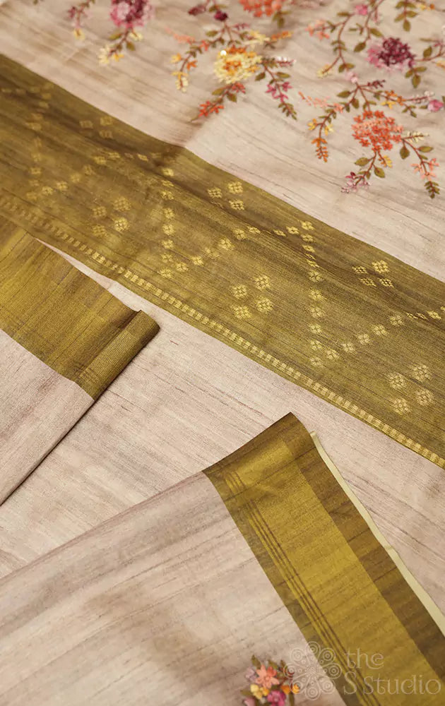 Beige semi tussar saree with light green border