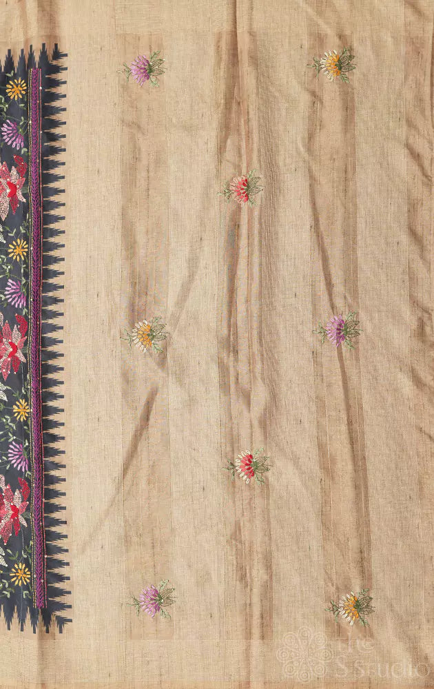 Dark grey semi tussar saree with embroidery