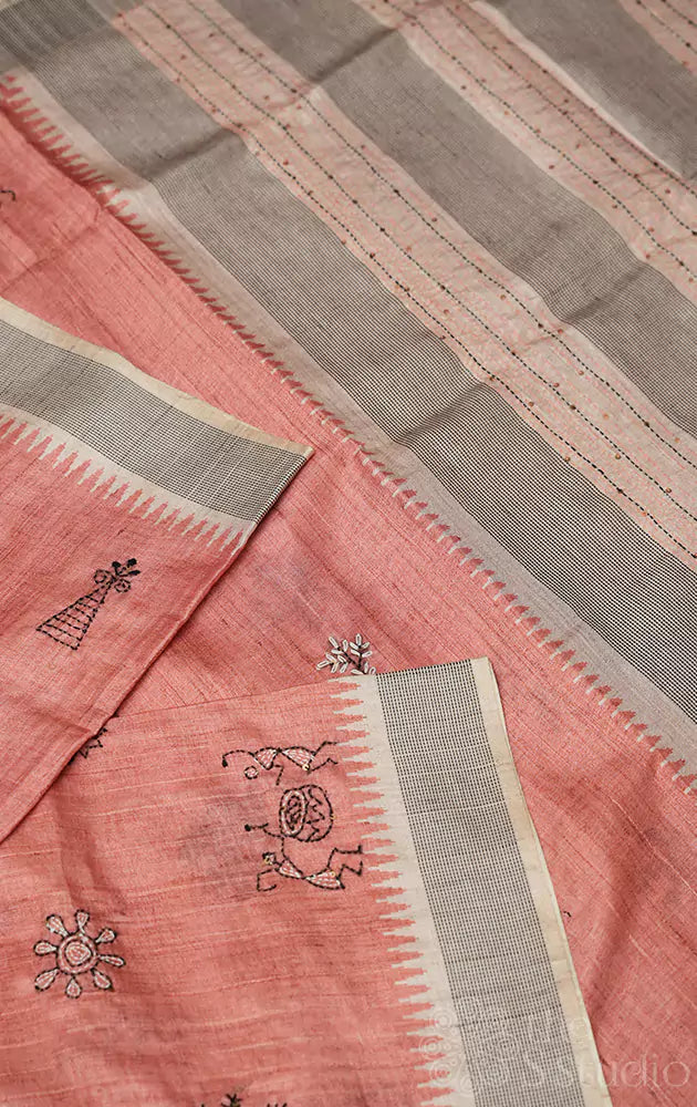 Peach semi tussar saree with beige border and embroidery
